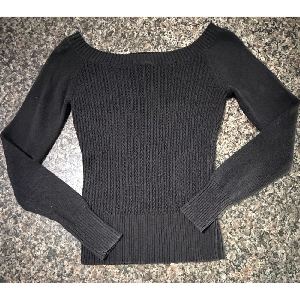 Guess Jeans Womens Black Pointelle Cable Knit Off Shoulder Cotton‎ Sweater M